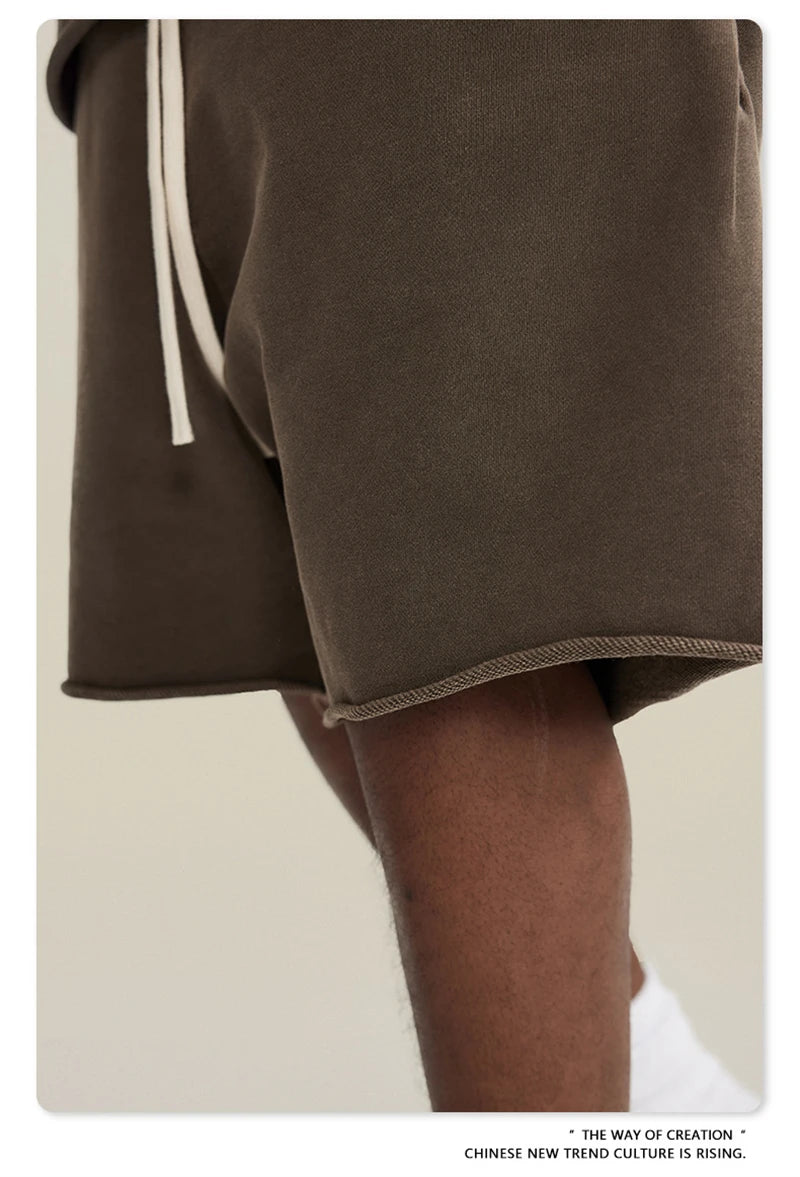 ZODF New Summer Men Retro Washed Shorts Unisex Drawstring Loose Edge 420gsm Solid Knee Length Cotton Pants Streetwears HY0589