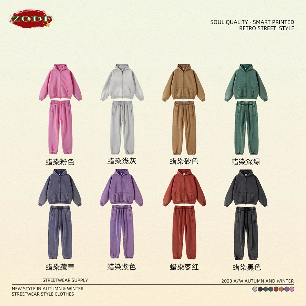 ZODF New Winter Men Batik Washed Zipper Hoodies Women Unisex Loose Thick Warm 360gsm Fleece Hooded Coat Sweatpants Set HY0713