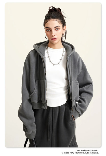ZODF Retro 2025 Winter Women Short Zipper Hoodies Female Girls Loose 355gsm Thick Fleece Hooded Zip-up Coat Streetwears HY0448