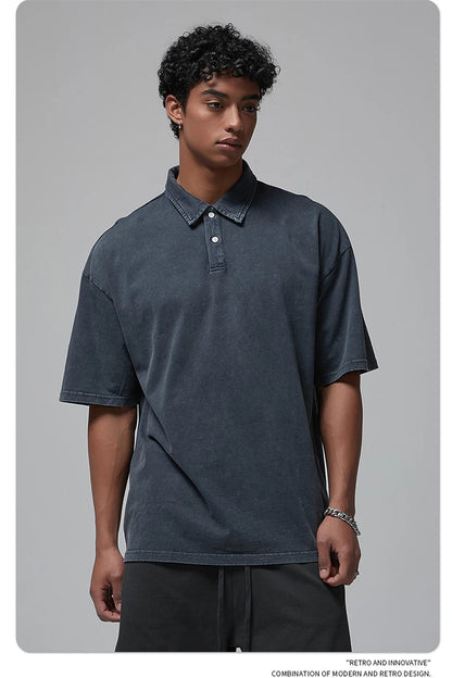 ZODF Summer Men Batik Washed 275gsm Cotton T Shirt Unisex Retro Turn Down Collar Short Sleeve T-shirts Tees HY0533