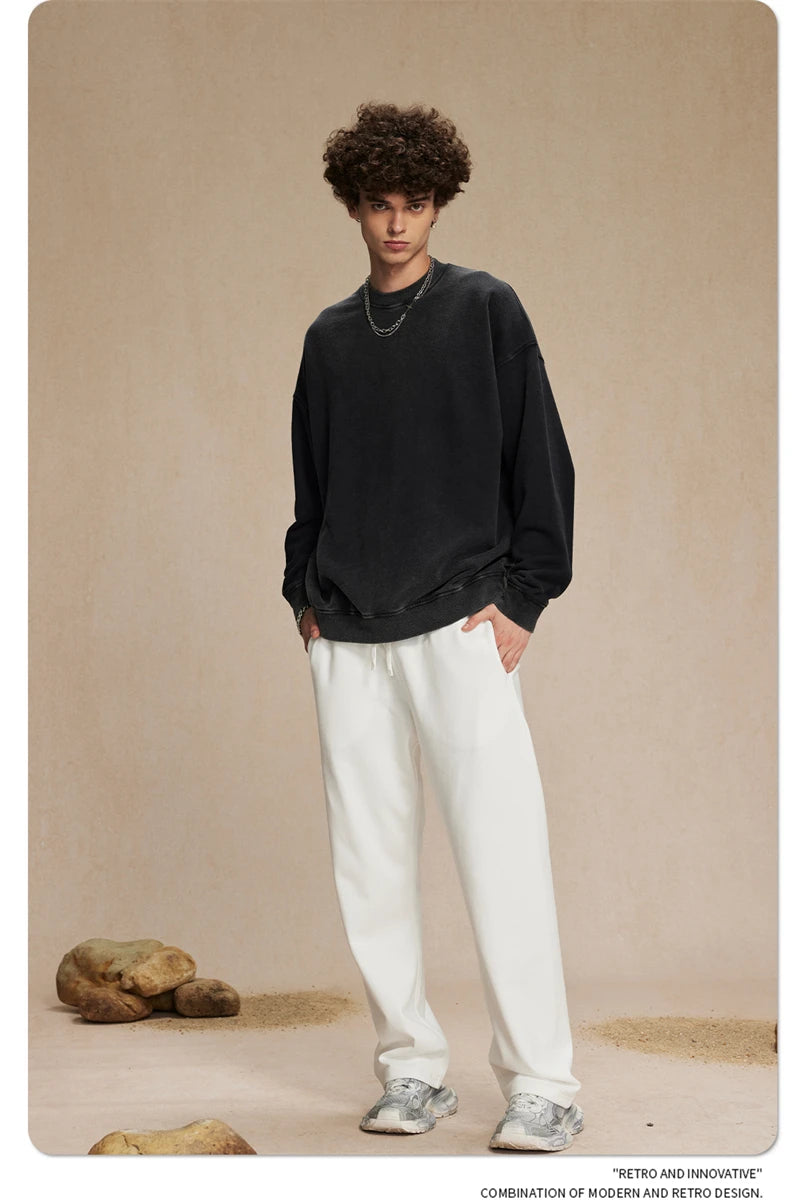 ZODF 2024 Autumn Men's Washed Sweatshirt Unisex Women Retro Solid 430gsm Terry Cotton O Neck Pullovers Coat HY0880