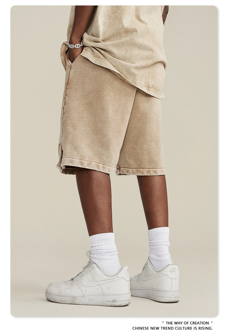 ZODF 2024 Summer Men 350gsm Washed Cotton Shorts Unisex Retro High Street Loose Side Slit Short Pants Streetwears HY0839