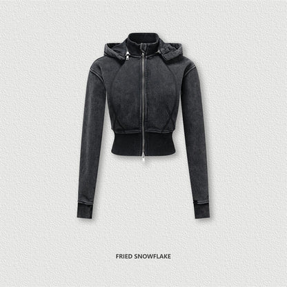 ZODF Vintage 2025 Winter Batik Washed Crop Hoodies Female Girls Remove Hood Heavy Weight Sport 400gsm Hooded Coat HY1085