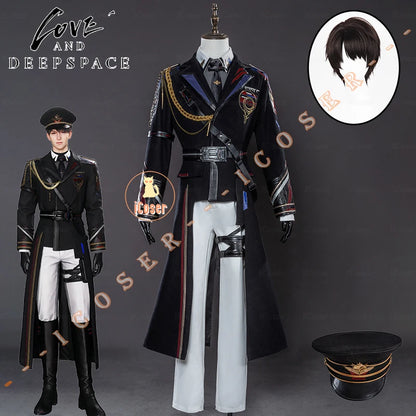 iCoser Love and Deepspace Caleb Cosplay Costume Wig Farspace Colonel Uniform Trench Hat Halloween Party Women Men Carnival Props