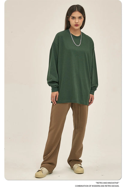 ZODF New 2025 Autumn Men 305gsm 100% Cotton T Shirt Unisex Loose Heavy Weight Basic Long Sleeve Solid T-Shirts Tops HY0634