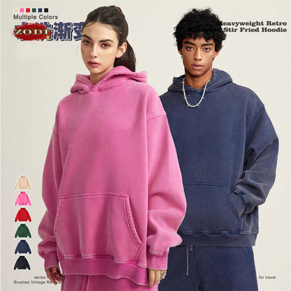 ZODF Winter Autum Men's Washed 400gsm Fleece Hoodies Unisex Couple Retro Oversized Ripped Hooded Sweatshirts Pullovers HY0652