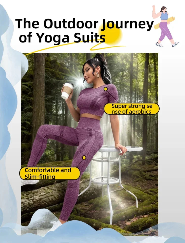 2-Piece Set,Short-Sleeved Top And High-Waisted Tummy Control Long Pants Sportswear,Suitable For Outdoor Sport,Women's Sportswear