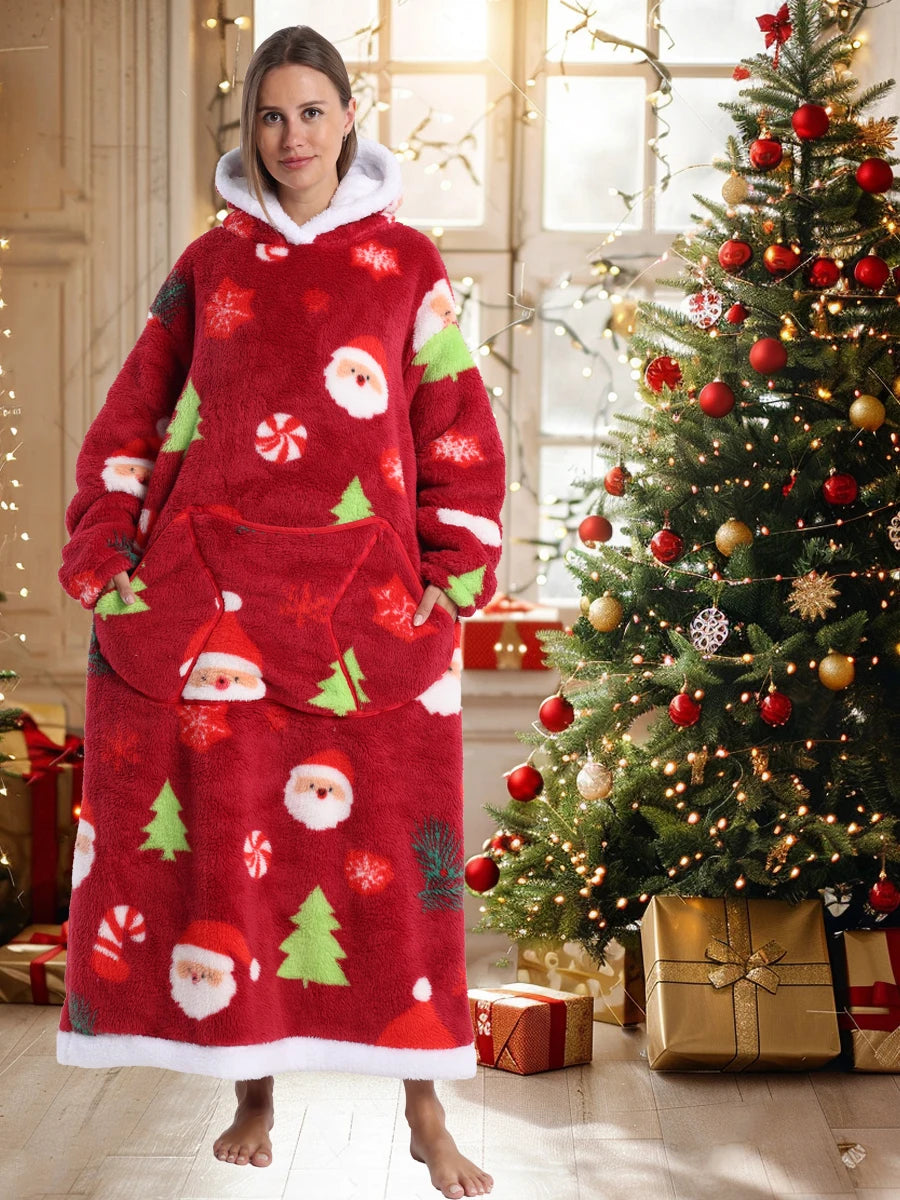 Short/Long Wearable Blankets Christmas Hoodies Winter Flannel Hooded Blanket with Full Sleeves Men Women Warm Adult TV Blanket