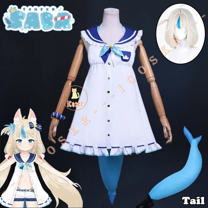 VTuber Sameko Saba Cosplay Costume Wig Dress Outfit Ears Headwear Uniform Festival Halloween Party for Women Girls Carnival Prop