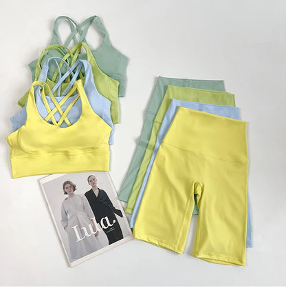 2 Pieces Yoga Shorts Gym Sports Sets Women Fitness Suits Cross Back Bra Top High Waist Shorts Running Workout Clothes Tracksuit