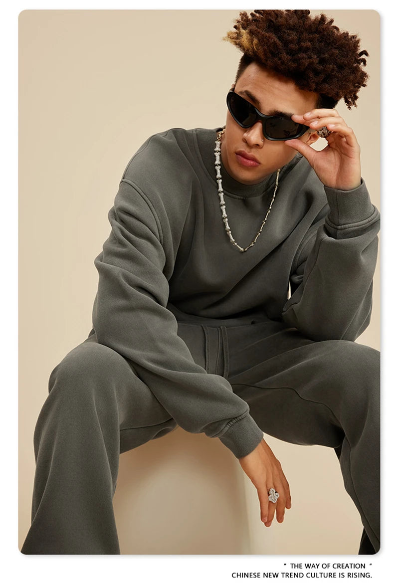 ZODF New Men Winter 355gsm Washed Fleece Sweatshirts Retro Unisex Oversized Solid O-Neck Warm Pullovers Coat Streetwears HY0639