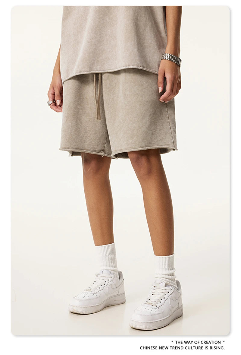 ZODF New 2025 Men Summer Loose Edge Washed Cotton Shorts Unisex Retro High Street Distressed 330gsm Shorts Brand Clothes HY1056