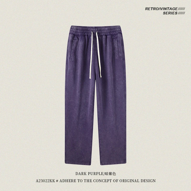 ZODF Retro Autumn Winter 420gsm Batik Washed 100% Cotton Loose Straight Pants for Men Unisex Streetwear HY0937 - PURPLE
