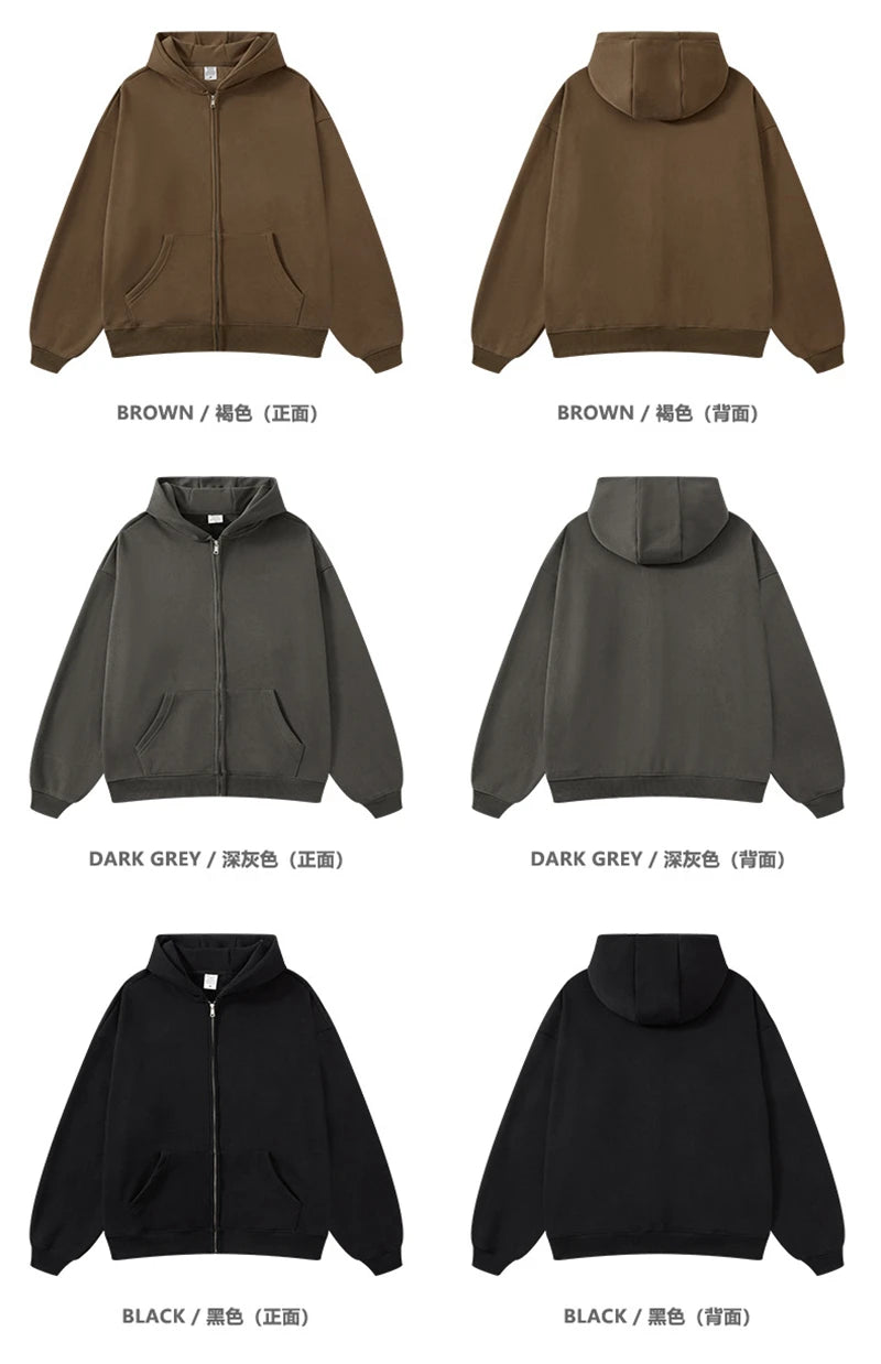 ZODF New Winter Men Zipper Fleece Hoodies Unisex Loose Heavy Weight Thick Warm Basic 420gsm Hooded Coats Hoodie HY0747