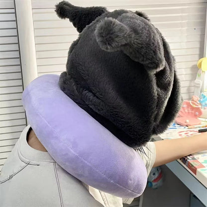 Sanrio Lovely U-shaped Hooded Neck Pillow Pochacco Kuromi My Melody Cinnamoroll Travel Blackout Pillow With Hat Portable Girl