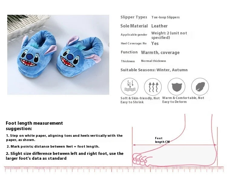 Disney Stitch Cotton Slipper Anime Cartoon Winter Warm Indoor Shoes Toys Plush Stuffed Home Slippers Woman Girl Christmas Gifts
