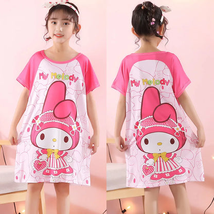 MINISO Children Home Clothing Girls Night Dress Summer Short Sleeve Disney Hello Kitty Cat Toddler Girl Pjs Nightgown Sleepwear