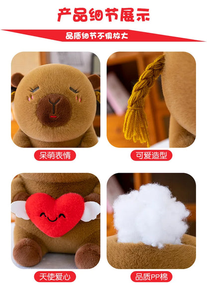Capybara Plush Toy Cute Ugly Charming Love Heart Hair Braid Pillow Stuffed Animal Kids Birthday Christmas Gift for Children