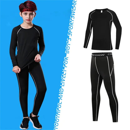 Kids Fitness Tracksuits Youth Warm Compression Pants and Tops Sportswear for Boys Running Basketball - GRAY