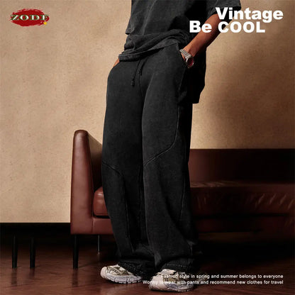 ZODF Retro 2024 Spring Men Washed Cotton Straight Pants Unisex Casual 330gsm Distressed Loose Trousers Brand Clothes HY0830