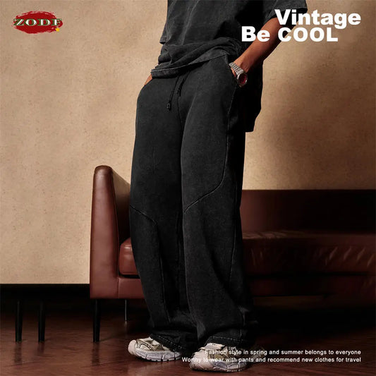 ZODF Retro 2024 Spring Men Washed Cotton Straight Pants Unisex Casual 330gsm Distressed Loose Trousers Brand Clothes HY0830