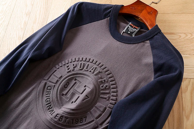 Summer New American Retro Long-sleeved O-neck 3D Letter Printed T-shirt Men's Fashion Simple 100%Cotton Washed Casual Sport Tops