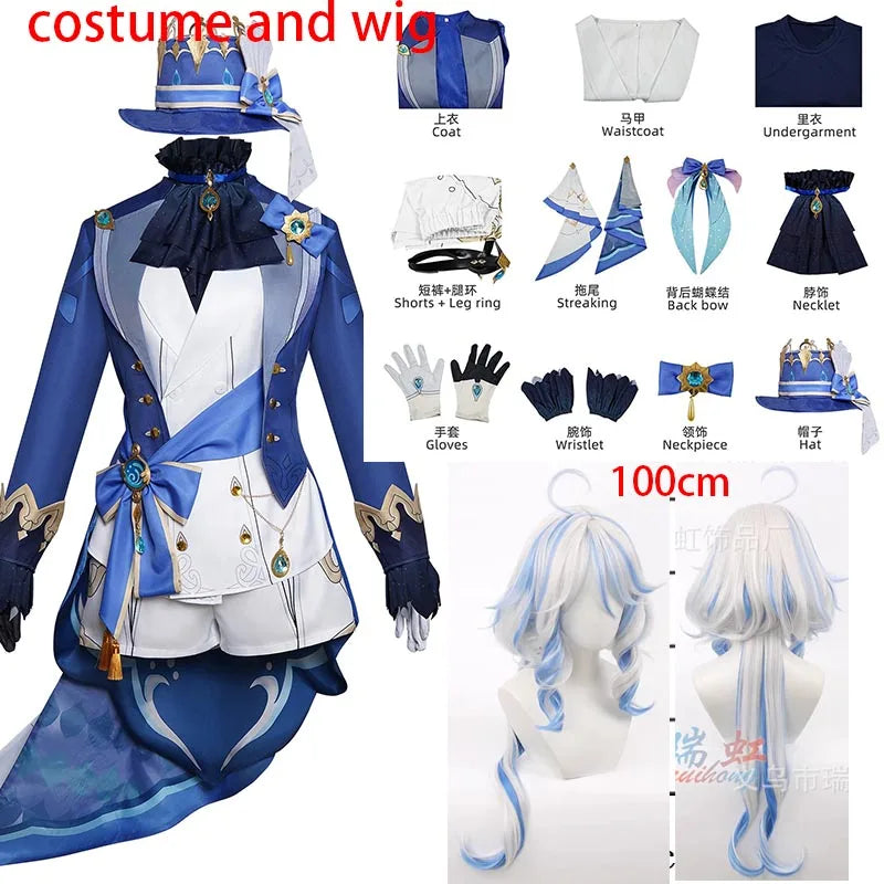 Genshin Impact Furina De Fontaine Cosplay Costume Set Cotton Polyester - costume and wig / XL