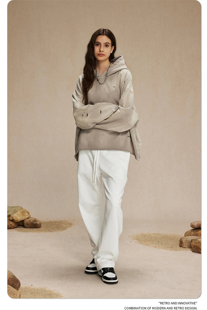 ZODF New Autumn Winter Men Monkey Washed Hoodies Unisex Disstressed Ripped Heavyweight Knitted 450gsm Hooded Pullovers HY0909