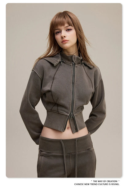 ZODF Vintage 2025 Winter Batik Washed Crop Hoodies Female Girls Remove Hood Heavy Weight Sport 400gsm Hooded Coat HY1085