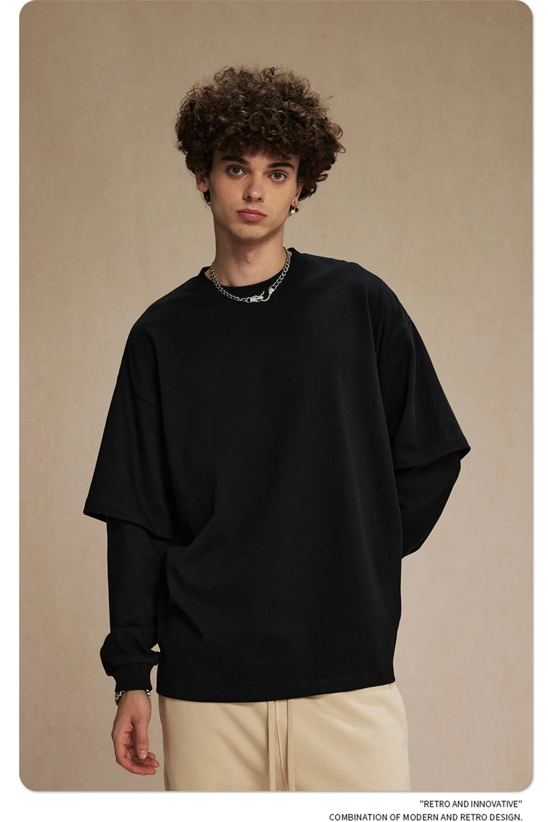 ZODF Fashion Spring Autumn Men 100% Cotton T-Shirt Unisex Fake 2-Piece 305gsm Solid Full Sleeve O Neck T Shirt Brand Tees HY0925