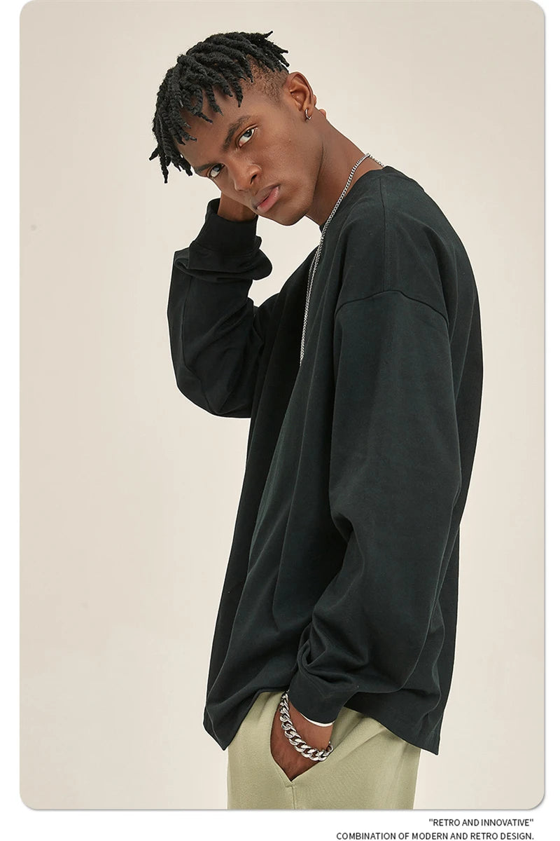 ZODF New 2025 Autumn Men 305gsm 100% Cotton T Shirt Unisex Loose Heavy Weight Basic Long Sleeve Solid T-Shirts Tops HY0634