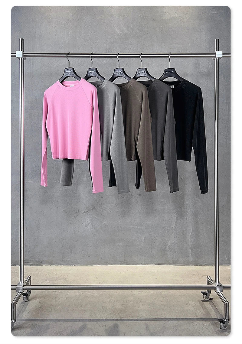 ZODF Sexy Autumn Washed 275gsm Full Sleeve T Shirt For Women Ladies Girls Slim Fit Distressed T-Shirts Tops HY1145