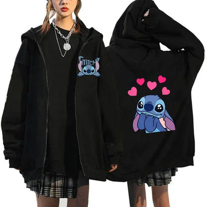 Womens Black Zip Hoodie Lilo & Stitch Mascot Costume Womens Winter Jacket Sale Sweater Aesthetic Pattern Hoodie Outerwear