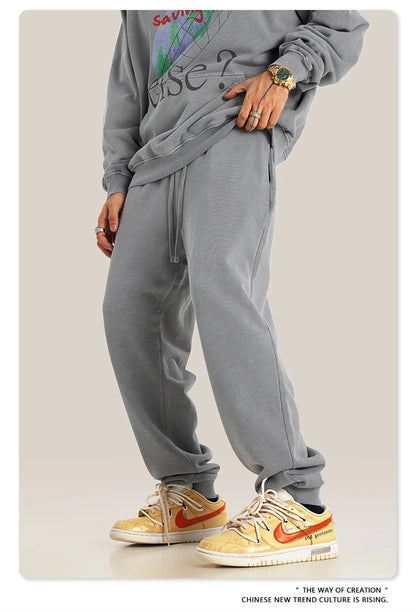 ZODF Retro Men Washed 380gsm 100% Cotton Sweatpant Unisex Loose Sport Solid Joggers Pants For Spring Autumn  HY0901