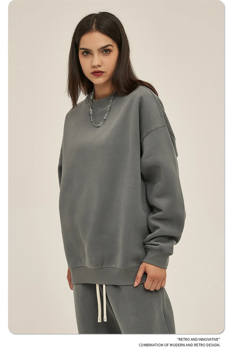 ZODF New 2025 Winter 350gsm Fleece Sweatshirts For Men Unisex Casual Loose Basic Solid O-Neck Thick Warm Pullovers HY0635