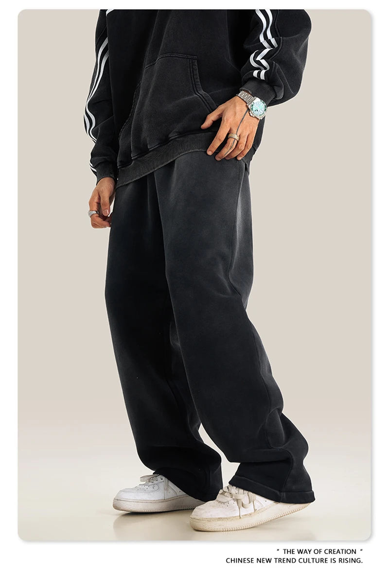 ZODF Retro Winter Monkey Washed Fleece Pants For Men Unisex Washed High Street 332gsm Warm Oversized Straight Trousers HY0892
