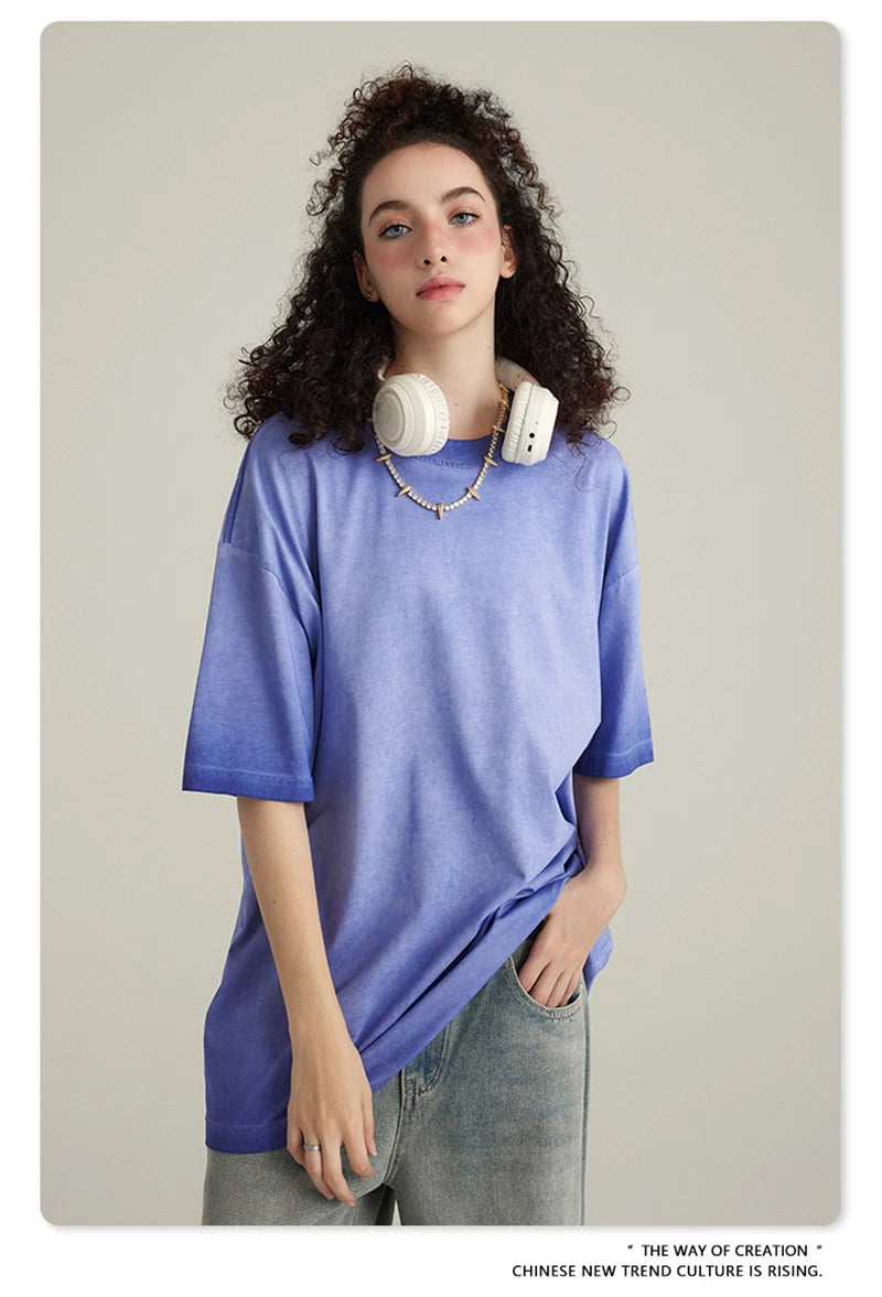 ZODF 2023 Men's Summer 255G Wash Gradient Fried Cotton T Shirt Round Neck Short Sleeve American Retro Loose T-Shirt HY0547