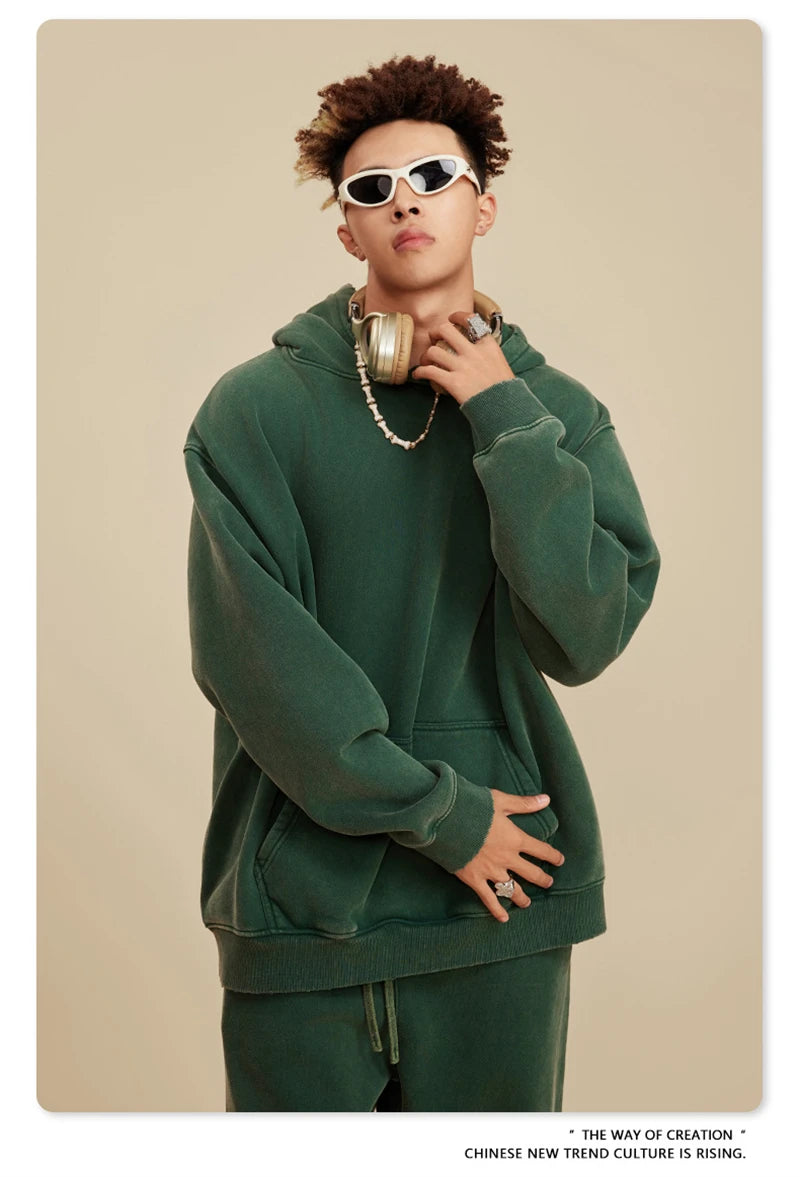 ZODF Winter Autum Men's Washed 400gsm Fleece Hoodies Unisex Couple Retro Oversized Ripped Hooded Sweatshirts Pullovers HY0652