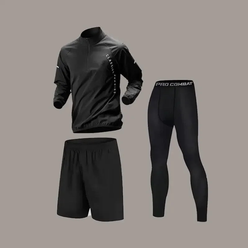 Men’s Quick-Dry Autumn Long-Sleeve Zipper Sports Set for Running Cycling Gym and Training - 3Black / 3XL