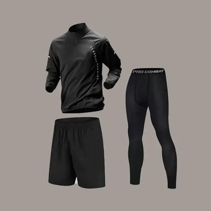 Men’s Quick-Dry Autumn Long-Sleeve Zipper Sports Set for Running Cycling Gym and Training - 3Black / 3XL