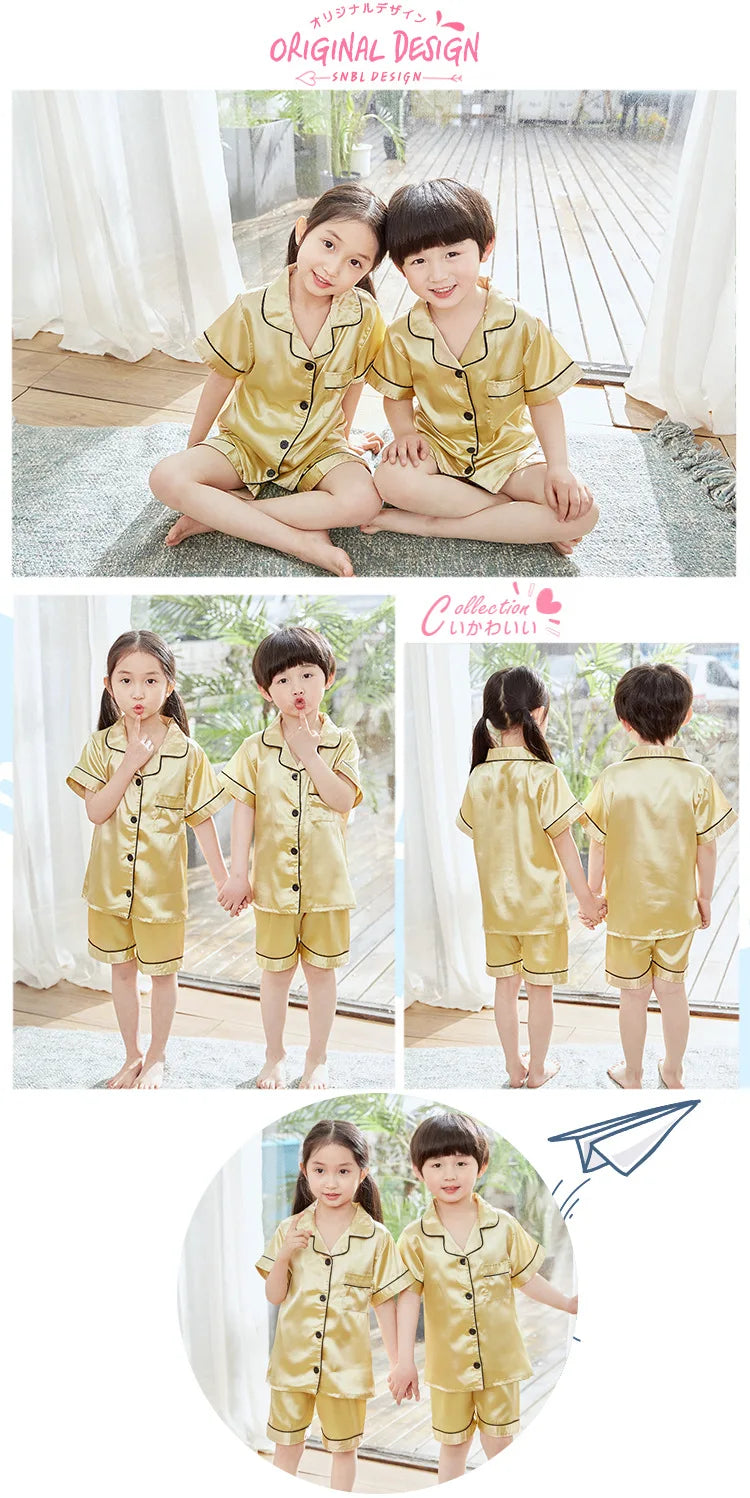 Purple Satin Pajamas Sets for Girls Outfit Sleepwear Set Silk Short Sleeve Pijama Toddler Boy Children's Clothing Kids Home Wear