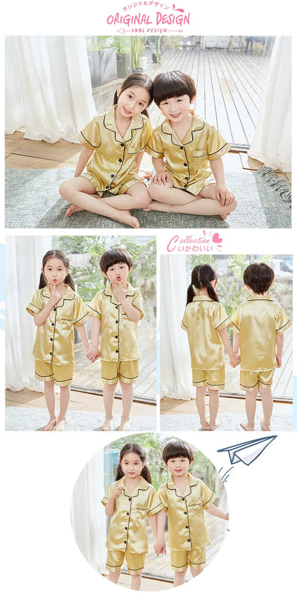 Purple Satin Pajamas Sets for Girls Outfit Sleepwear Set Silk Short Sleeve Pijama Toddler Boy Children's Clothing Kids Home Wear