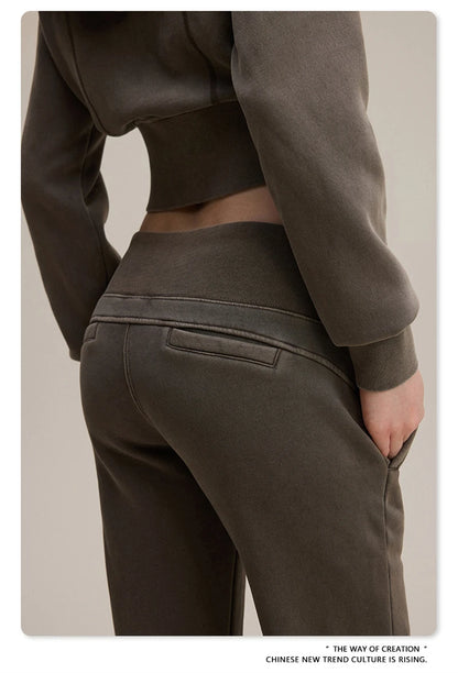 ZODF Retro Winter Women 400gsm Fleece Flared Pants Casual Girls Female Slim Fit Warm Washed Distressed Trousers HY1142