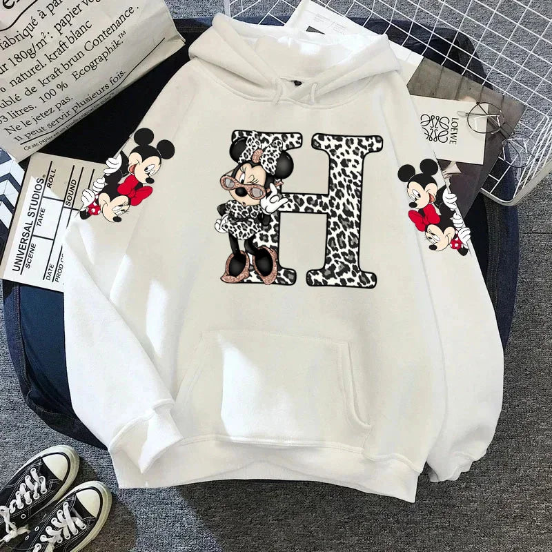 2024 Women's Winter Jacket Cute Kawaii Disney Mickey Mouse Lucky Letters Print White Hoodie Fashion Couple Streetwear Sportswear