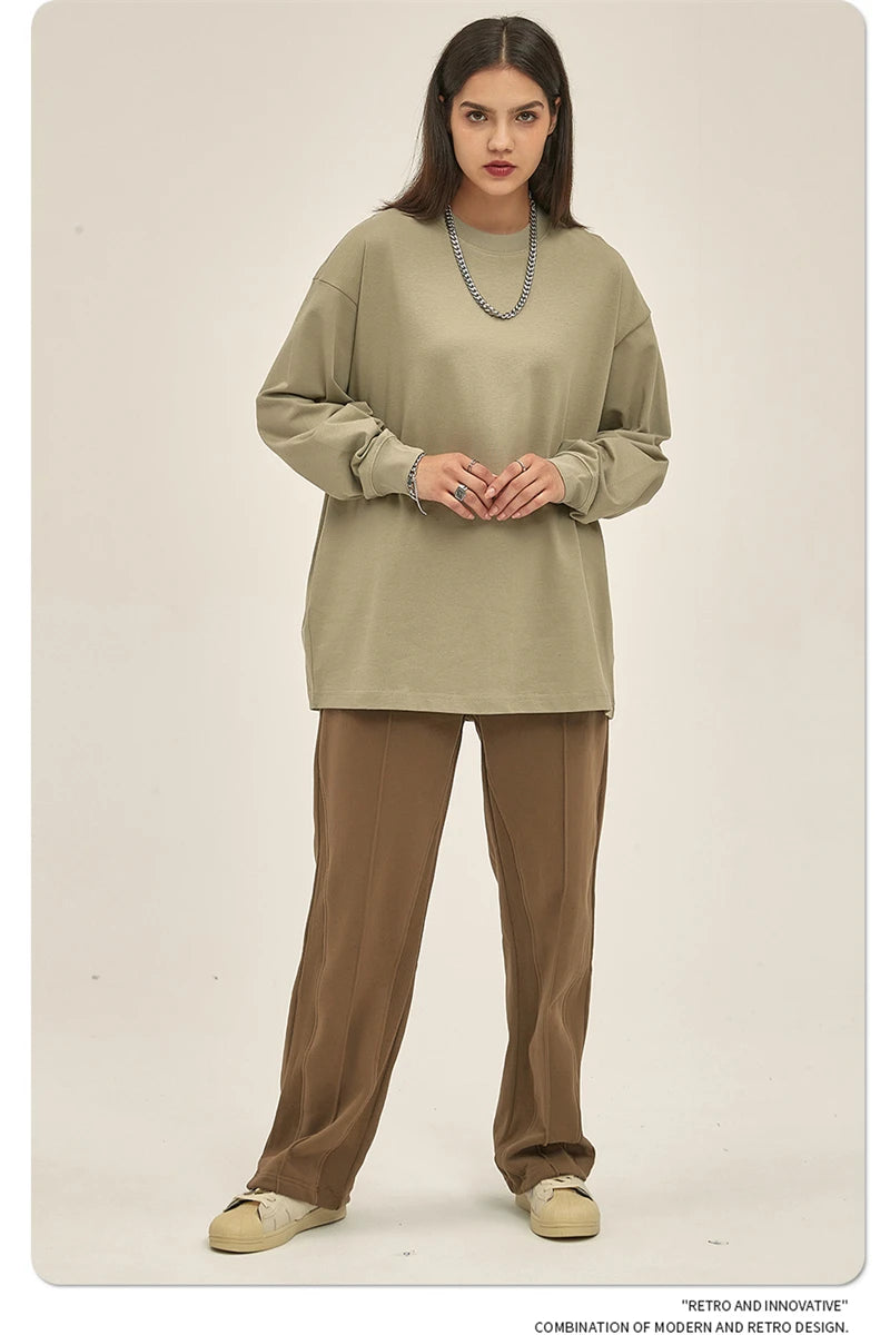 ZODF New 2025 Autumn Men 305gsm 100% Cotton T Shirt Unisex Loose Heavy Weight Basic Long Sleeve Solid T-Shirts Tops HY0634