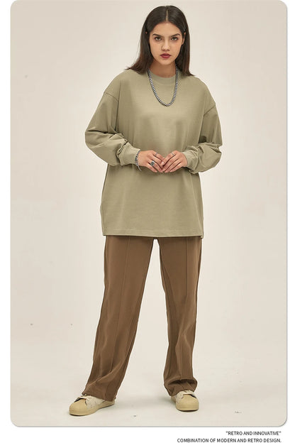 ZODF New 2025 Autumn Men 305gsm 100% Cotton T Shirt Unisex Loose Heavy Weight Basic Long Sleeve Solid T-Shirts Tops HY0634