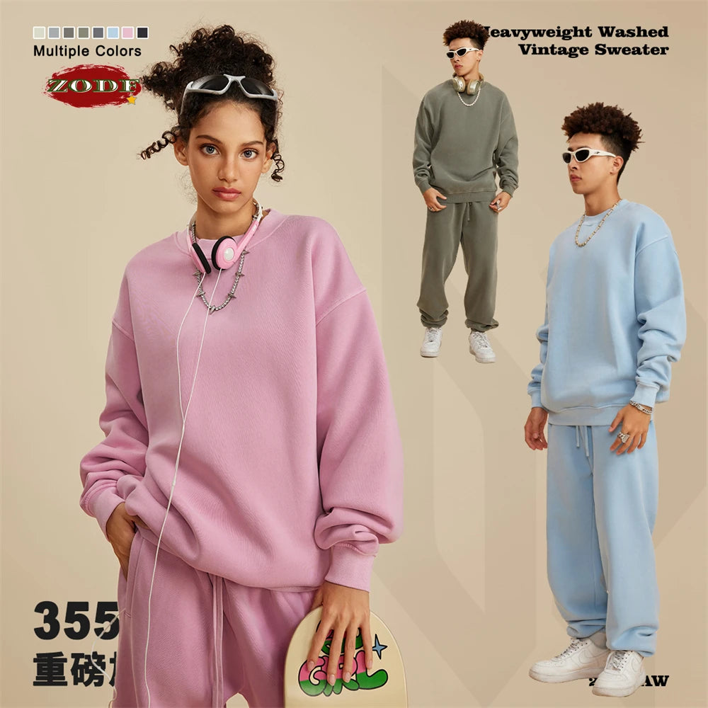 ZODF New Men Winter 355gsm Washed Fleece Sweatshirts Retro Unisex Oversized Solid O-Neck Warm Pullovers Coat Streetwears HY0639
