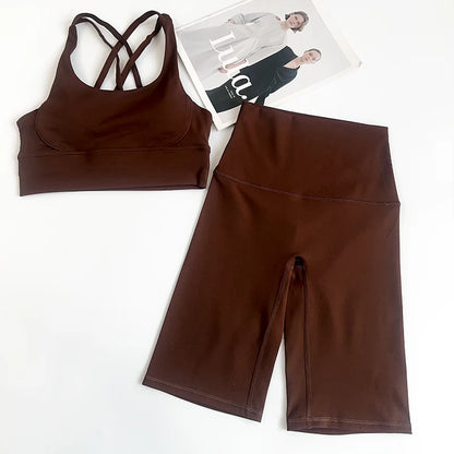 2 Pieces Yoga Shorts Gym Sports Sets Women Fitness Suits Cross Back Bra Top High Waist Shorts Running Workout Clothes Tracksuit