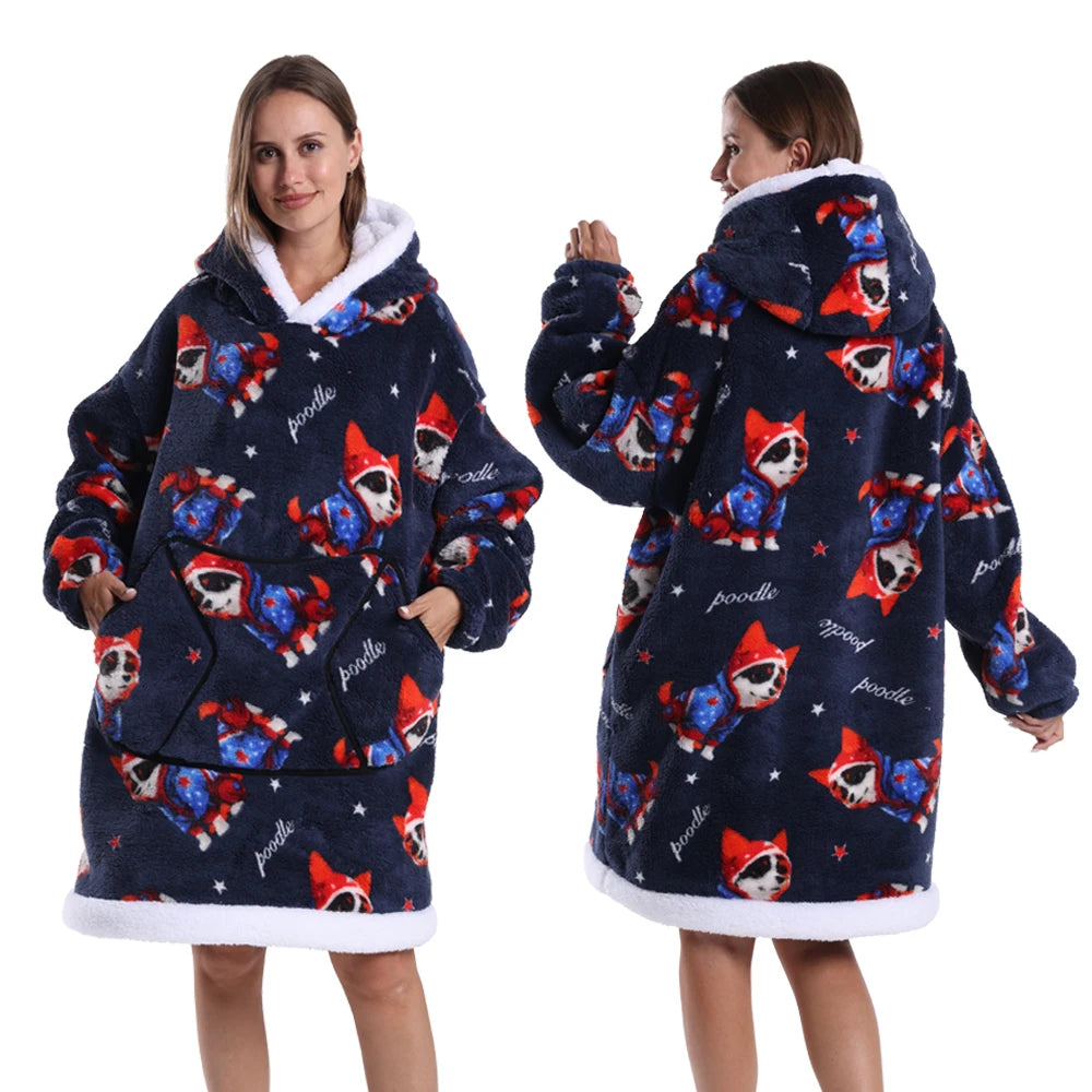 Oversized Hoodie Blanket for Adults Leopard Red Blue Black Fluffy TV Blanket Warm Thick Man Woman Winter Halloween Christmas Pjs