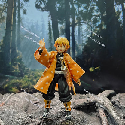 1/12 Figma Agatsuma Zenitsu Mini Orange Windbreaker Shf Kamado Nezuko Black Coat Pink Hemline Coat Toys For 6" Demon Slayer Cos